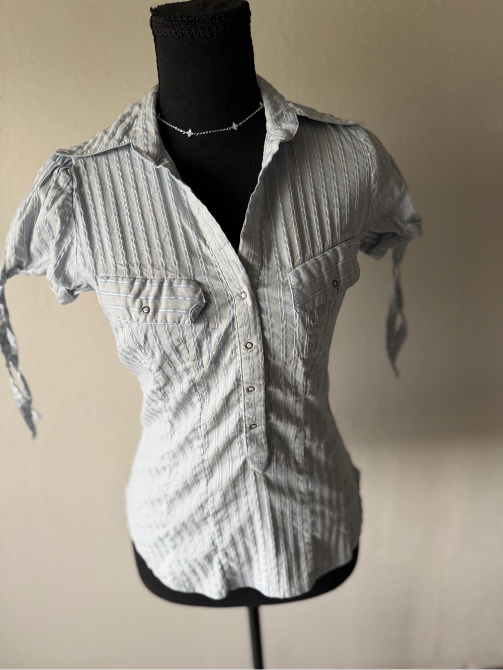 Light Blue Striped Button-Front Women's Top